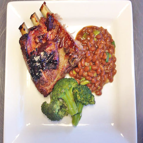 Baby Back Ribs with Broccoli and Baked Beans